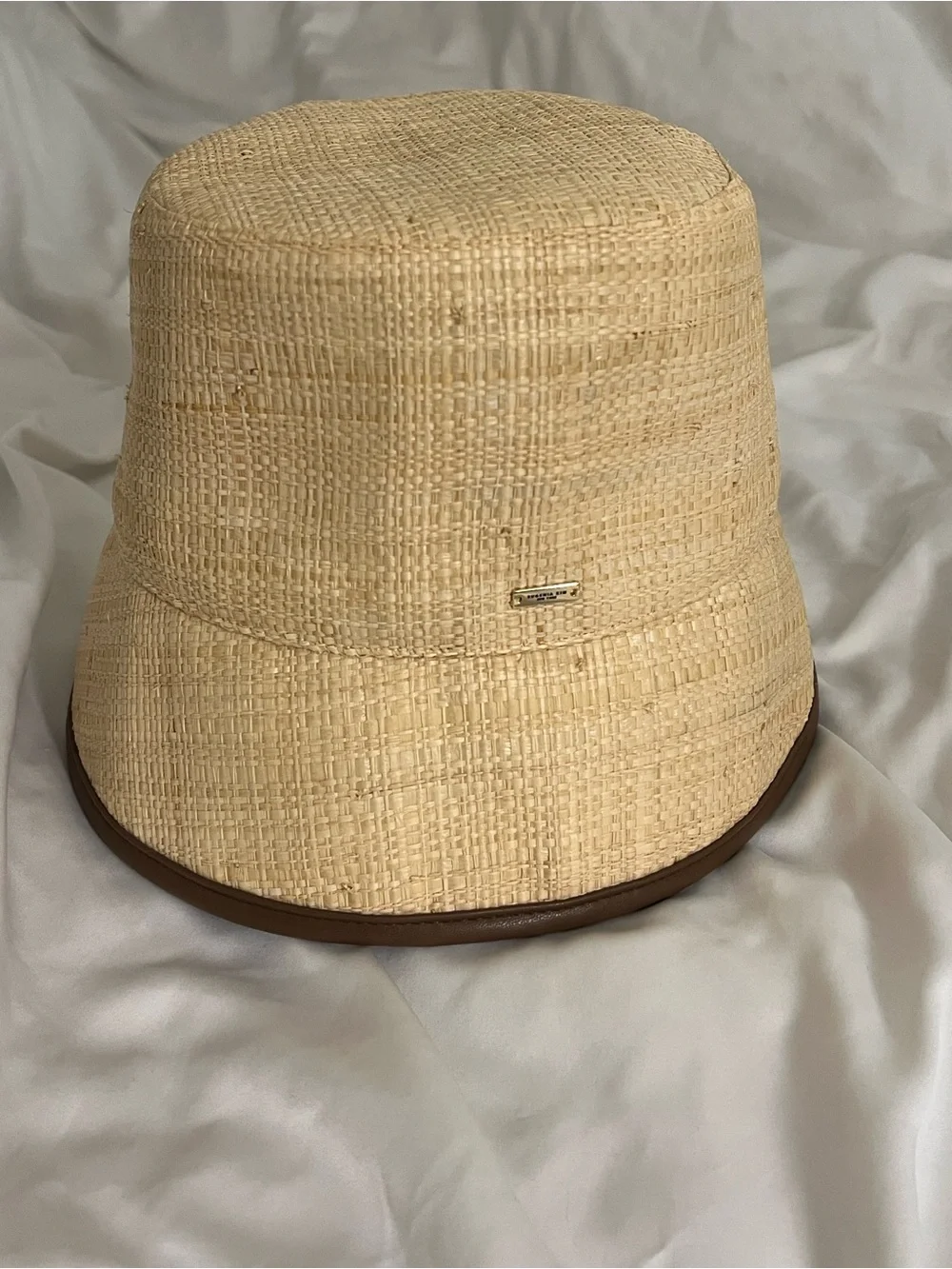 EUGENIA KIM | Natural Raffua Bucket Hat with Vegan Leather Binding at Brim Edge